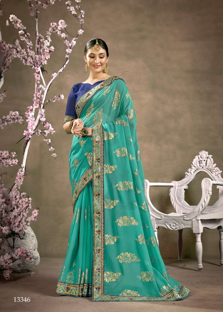 KESHVI BY VALLABHI PRINTS 13341 TO 13348 SERIES INDIAN TRADITIONAL WEAR COLLECTION BEAUTIFUL STYLISH FANCY COLORFUL PARTY WEAR & OCCASIONAL WEAR GEORGETTE FOIL PRINT SAREES AT WHOLESALE PRICE
