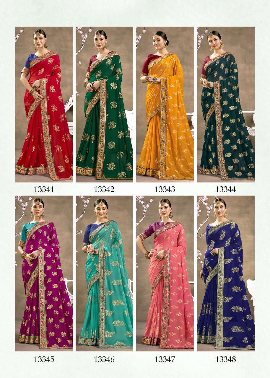 KESHVI BY VALLABHI PRINTS 13341 TO 13348 SERIES INDIAN TRADITIONAL WEAR COLLECTION BEAUTIFUL STYLISH FANCY COLORFUL PARTY WEAR & OCCASIONAL WEAR GEORGETTE FOIL PRINT SAREES AT WHOLESALE PRICE