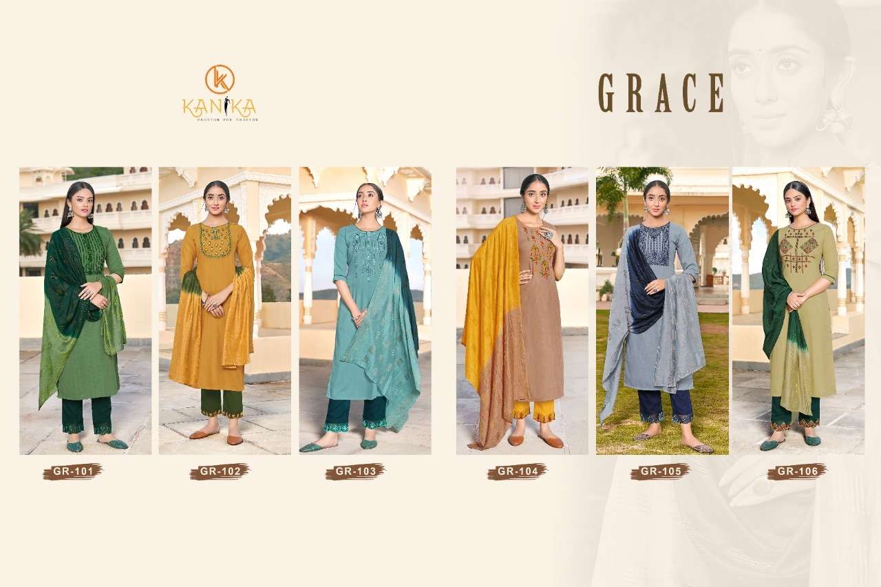 GRACE BY KANIKA 101 TO 106 SERIES BEAUTIFUL SUITS COLORFUL STYLISH FANCY CASUAL WEAR & ETHNIC WEAR SLUB NYLON VISCOSE EMBROIDERED DRESSES AT WHOLESALE PRICE