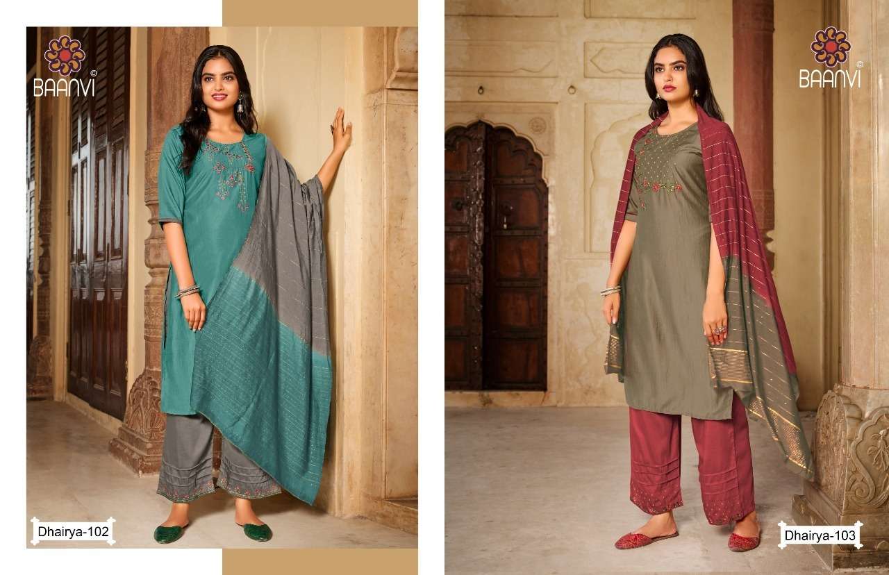 DHAIRYA BY BAANVI 101 TO 104 SERIES BEAUTIFUL SUITS COLORFUL STYLISH FANCY CASUAL WEAR & ETHNIC WEAR CHINNON SILK WITH WORK DRESSES AT WHOLESALE PRICE