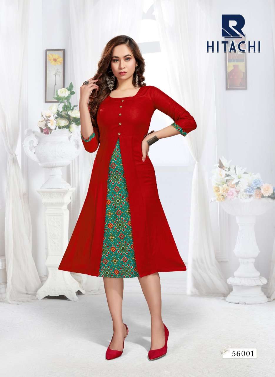 HITACHI BY RAASHI 56001 TO 56008 SERIES DESIGNER STYLISH FANCY COLORFUL BEAUTIFUL PARTY WEAR & ETHNIC WEAR COLLECTION RAYON SLUB KURTIS AT WHOLESALE PRICE
