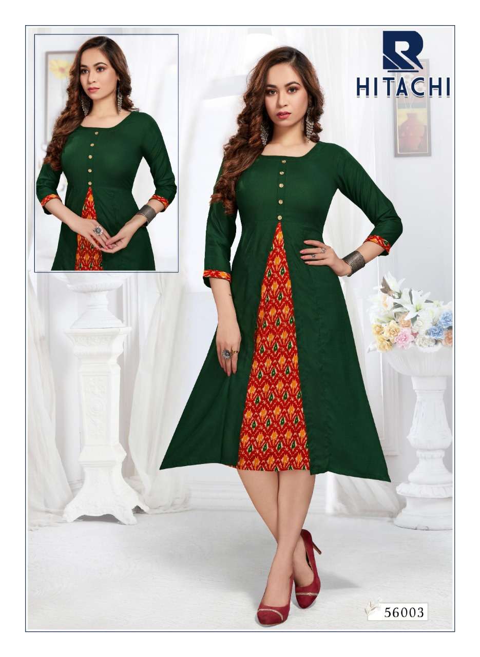 HITACHI BY RAASHI 56001 TO 56008 SERIES DESIGNER STYLISH FANCY COLORFUL BEAUTIFUL PARTY WEAR & ETHNIC WEAR COLLECTION RAYON SLUB KURTIS AT WHOLESALE PRICE