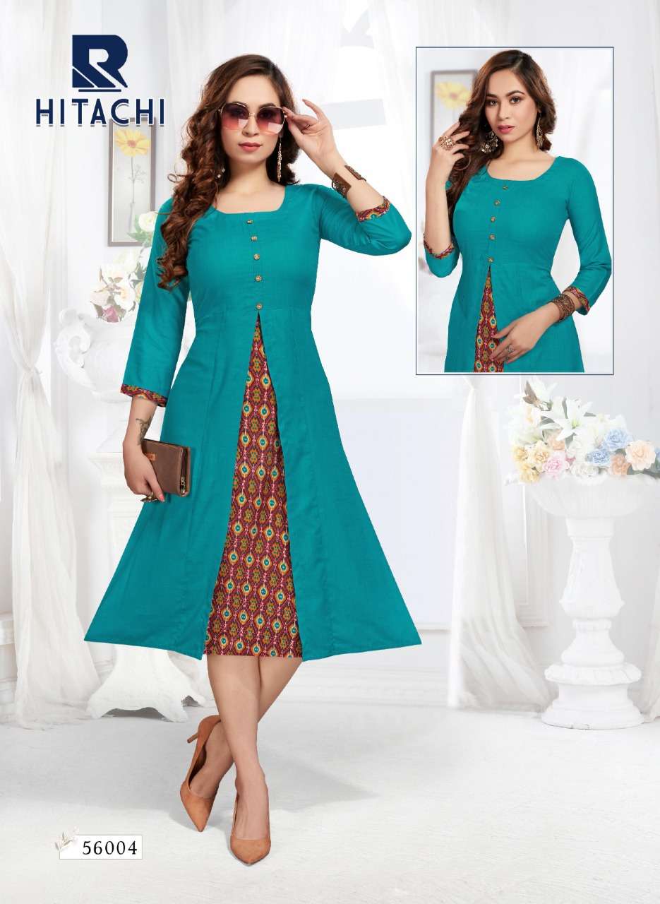 HITACHI BY RAASHI 56001 TO 56008 SERIES DESIGNER STYLISH FANCY COLORFUL BEAUTIFUL PARTY WEAR & ETHNIC WEAR COLLECTION RAYON SLUB KURTIS AT WHOLESALE PRICE