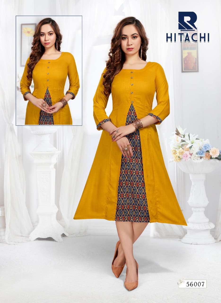 HITACHI BY RAASHI 56001 TO 56008 SERIES DESIGNER STYLISH FANCY COLORFUL BEAUTIFUL PARTY WEAR & ETHNIC WEAR COLLECTION RAYON SLUB KURTIS AT WHOLESALE PRICE