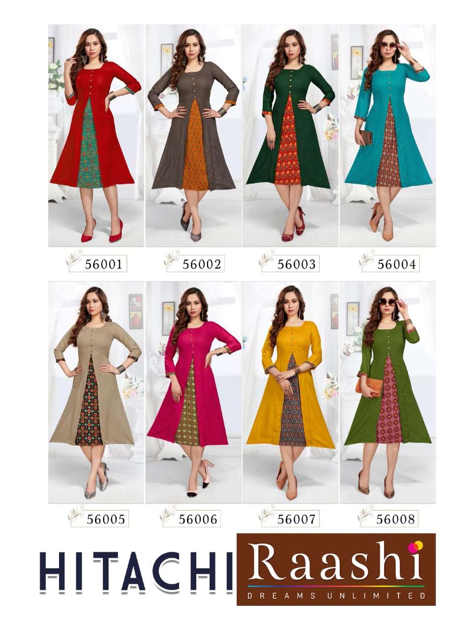 HITACHI BY RAASHI 56001 TO 56008 SERIES DESIGNER STYLISH FANCY COLORFUL BEAUTIFUL PARTY WEAR & ETHNIC WEAR COLLECTION RAYON SLUB KURTIS AT WHOLESALE PRICE
