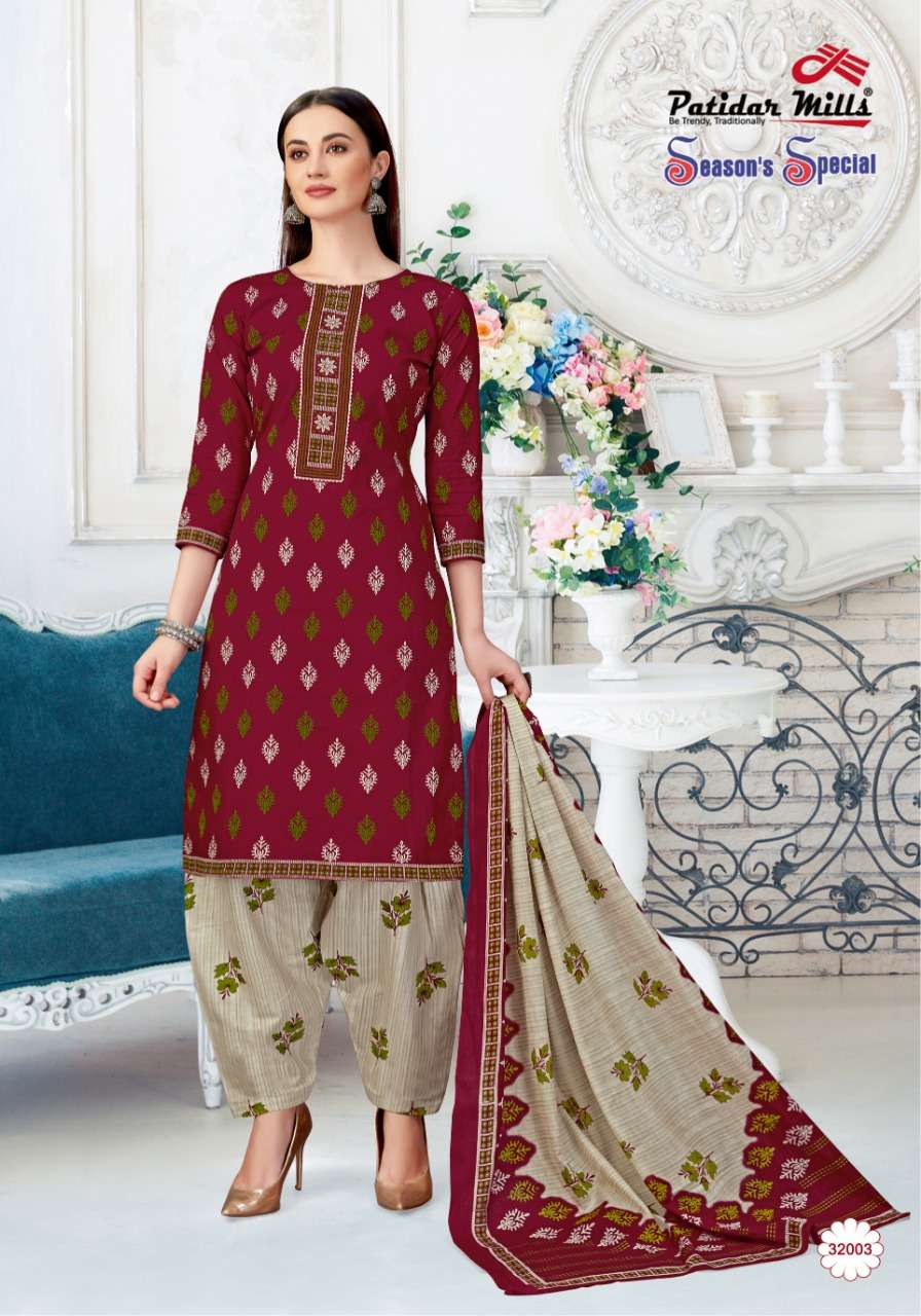 SEASONS SPECIAL VOL-32 BY PATIDAR MILLS 3201 TO 3216 SERIES BEAUTIFUL SUITS COLORFUL STYLISH FANCY CASUAL WEAR & ETHNIC WEAR PURE COTTON DRESSES AT WHOLESALE PRICE