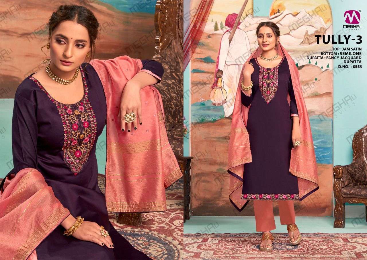 TULLY VOL-3 BY MEGHALI SUITS 6957 TO 6962 SERIES BEAUTIFUL SUITS COLORFUL STYLISH FANCY CASUAL WEAR & ETHNIC WEAR JAM SATIN DRESSES AT WHOLESALE PRICE
