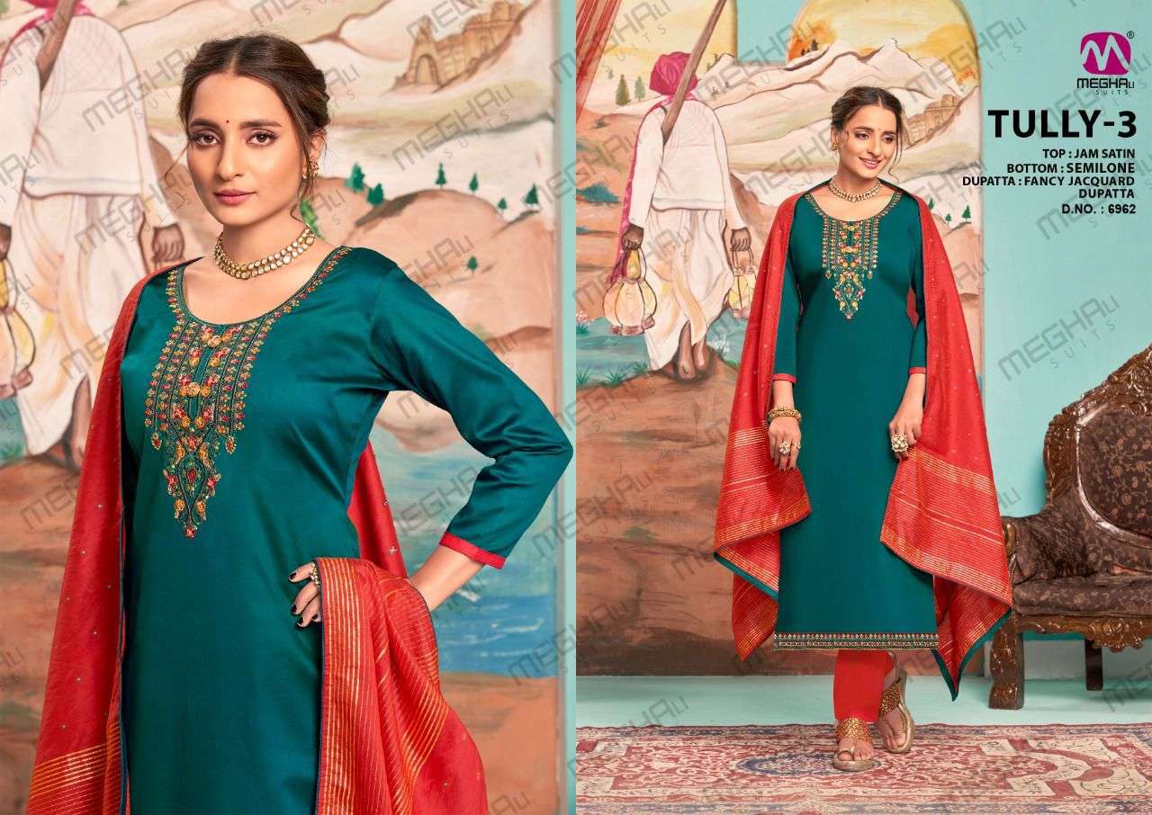 TULLY VOL-3 BY MEGHALI SUITS 6957 TO 6962 SERIES BEAUTIFUL SUITS COLORFUL STYLISH FANCY CASUAL WEAR & ETHNIC WEAR JAM SATIN DRESSES AT WHOLESALE PRICE