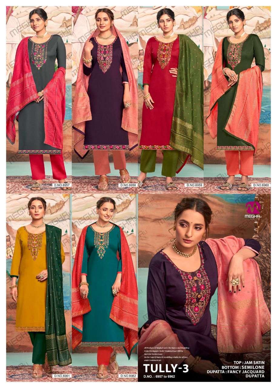 TULLY VOL-3 BY MEGHALI SUITS 6957 TO 6962 SERIES BEAUTIFUL SUITS COLORFUL STYLISH FANCY CASUAL WEAR & ETHNIC WEAR JAM SATIN DRESSES AT WHOLESALE PRICE