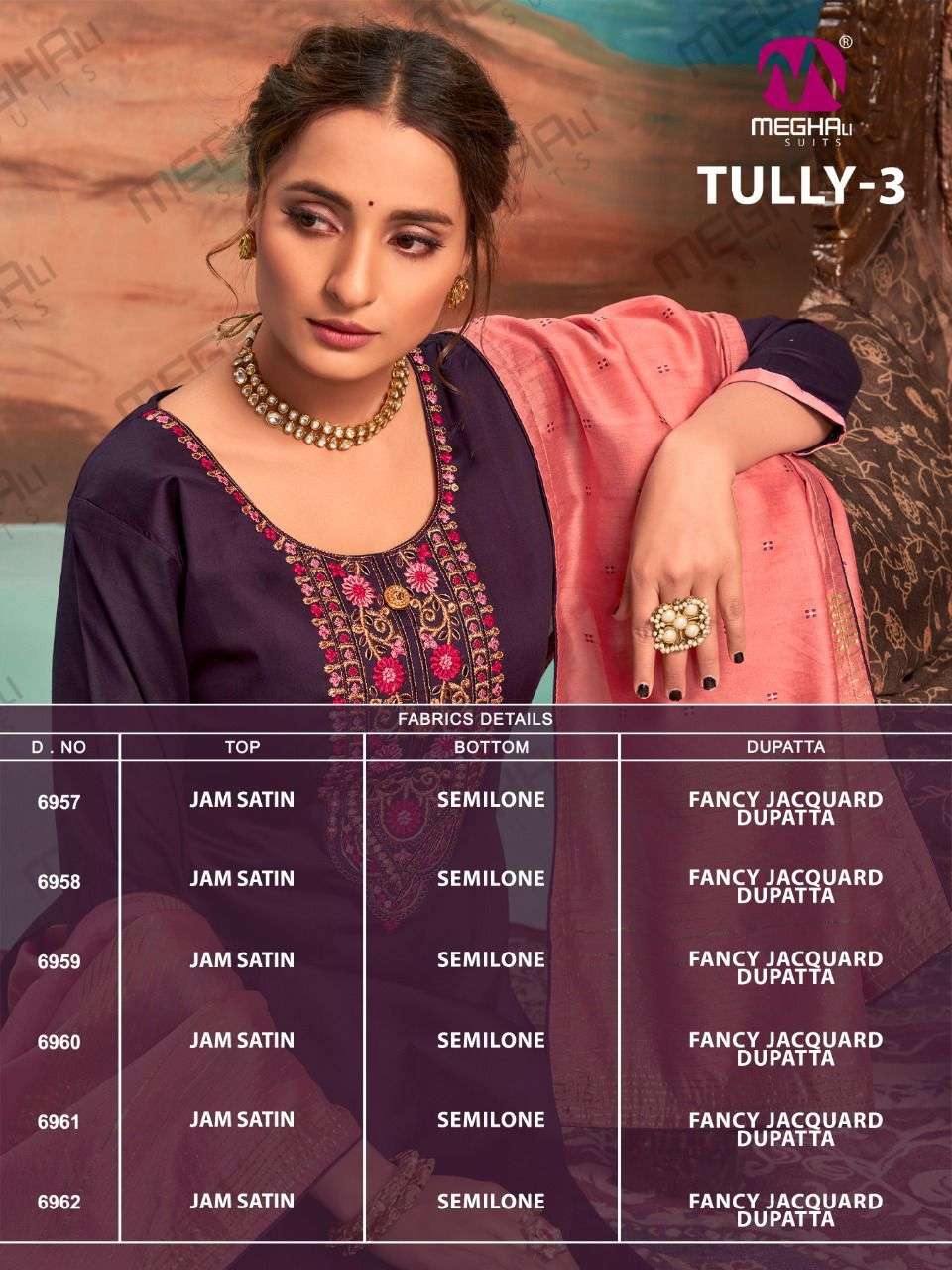 TULLY VOL-3 BY MEGHALI SUITS 6957 TO 6962 SERIES BEAUTIFUL SUITS COLORFUL STYLISH FANCY CASUAL WEAR & ETHNIC WEAR JAM SATIN DRESSES AT WHOLESALE PRICE
