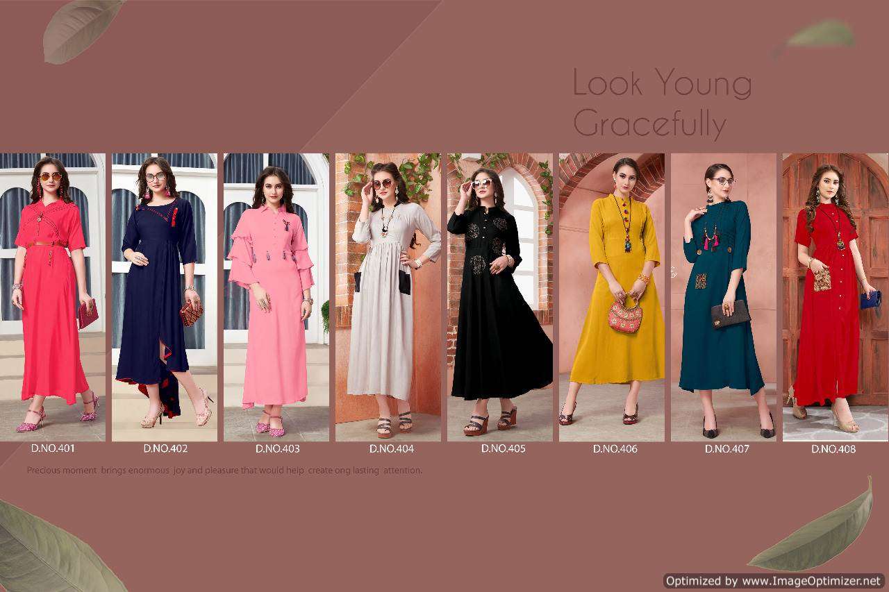 PULPEE VOL-4 BY KAJRI STYLE 401 TO 408 SERIES BEAUTIFUL STYLISH FANCY COLORFUL CASUAL WEAR & ETHNIC WEAR HEAVY RAYON GOWNS AT WHOLESALE PRICE