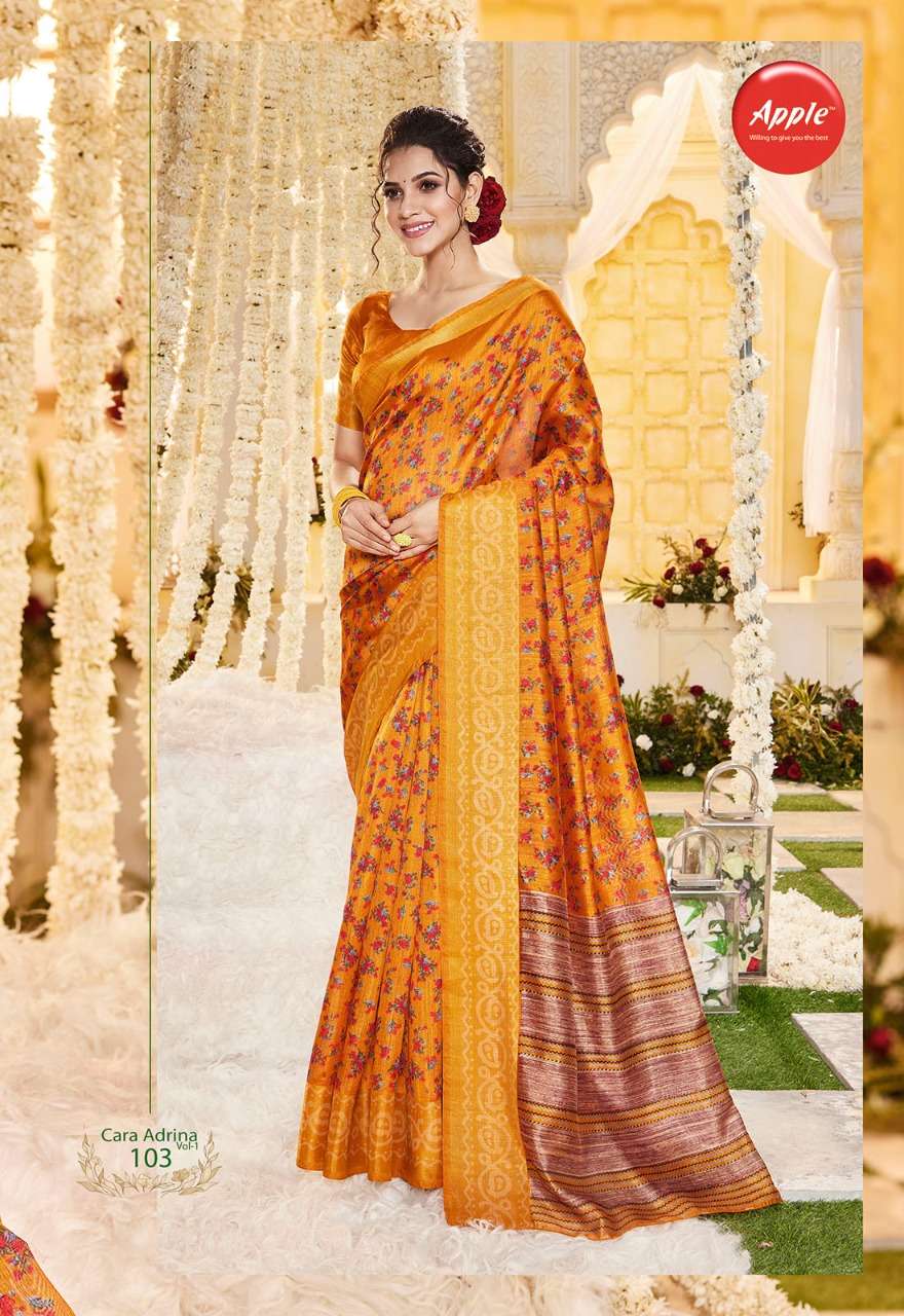 CARA ADRENA VOL-1 BY APPLE 101 TO 108 SERIES INDIAN TRADITIONAL WEAR COLLECTION BEAUTIFUL STYLISH FANCY COLORFUL PARTY WEAR & OCCASIONAL WEAR FANCY SAREES AT WHOLESALE PRICE