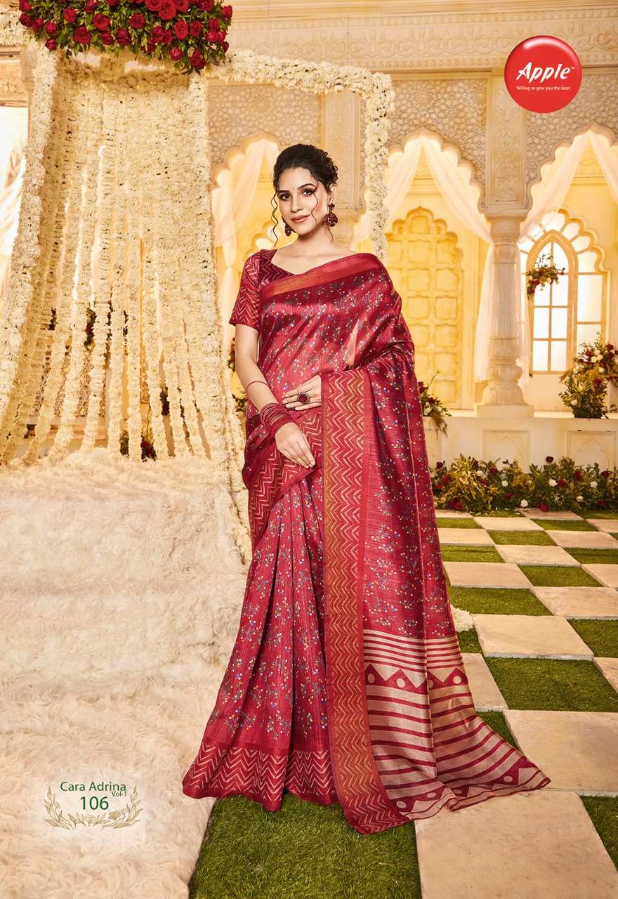 CARA ADRENA VOL-1 BY APPLE 101 TO 108 SERIES INDIAN TRADITIONAL WEAR COLLECTION BEAUTIFUL STYLISH FANCY COLORFUL PARTY WEAR & OCCASIONAL WEAR FANCY SAREES AT WHOLESALE PRICE