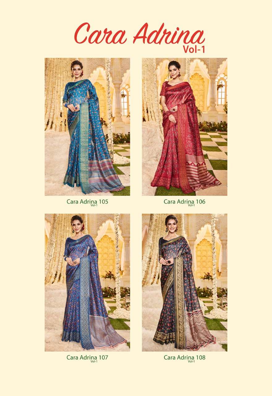CARA ADRENA VOL-1 BY APPLE 101 TO 108 SERIES INDIAN TRADITIONAL WEAR COLLECTION BEAUTIFUL STYLISH FANCY COLORFUL PARTY WEAR & OCCASIONAL WEAR FANCY SAREES AT WHOLESALE PRICE