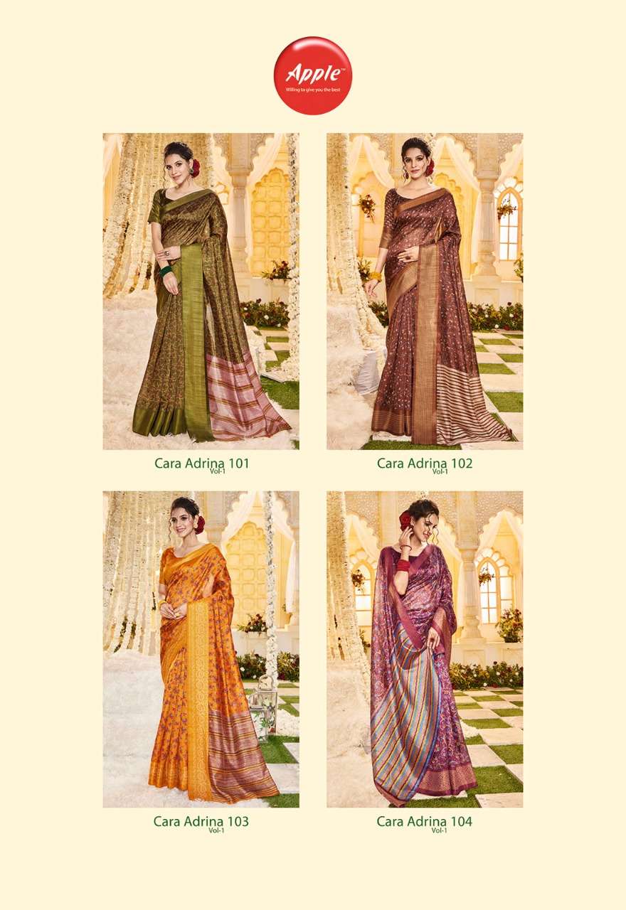 CARA ADRENA VOL-1 BY APPLE 101 TO 108 SERIES INDIAN TRADITIONAL WEAR COLLECTION BEAUTIFUL STYLISH FANCY COLORFUL PARTY WEAR & OCCASIONAL WEAR FANCY SAREES AT WHOLESALE PRICE