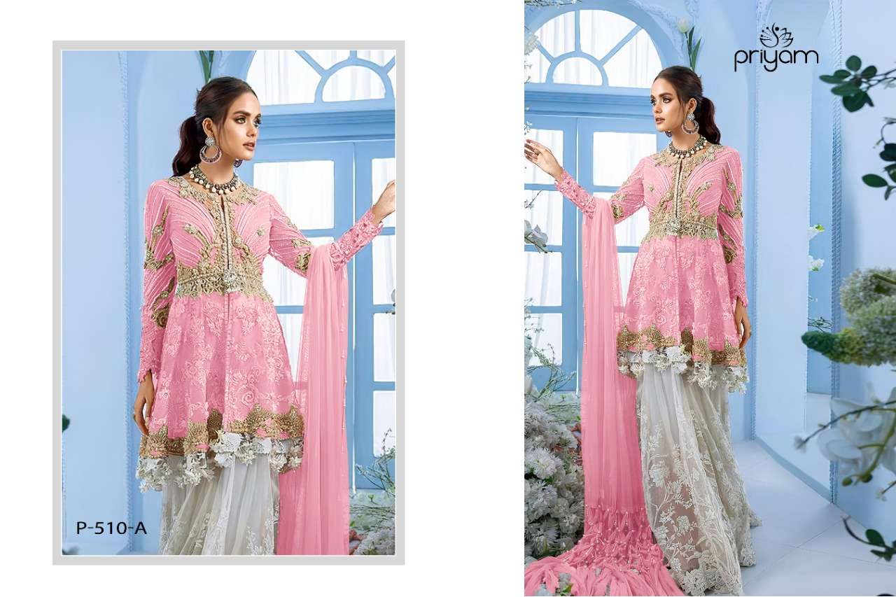 ZAINA BY PRIYAM 510-A TO 510-C SERIES PAKISTANI SUITS BEAUTIFUL STYLISH FANCY COLORFUL PARTY WEAR & OCCASIONAL WEAR FAUX GEORGETTE EMBROIDERED DRESSES AT WHOLESALE PRICE