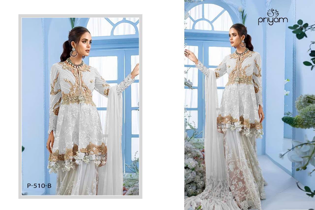 ZAINA BY PRIYAM 510-A TO 510-C SERIES PAKISTANI SUITS BEAUTIFUL STYLISH FANCY COLORFUL PARTY WEAR & OCCASIONAL WEAR FAUX GEORGETTE EMBROIDERED DRESSES AT WHOLESALE PRICE