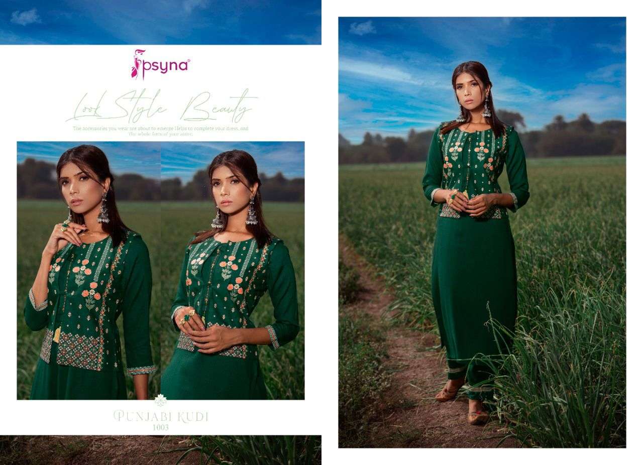 PUNJABI KUDI BY PSYNA 1001 TO 1006 SERIES DESIGNER STYLISH FANCY COLORFUL BEAUTIFUL PARTY WEAR & ETHNIC WEAR COLLECTION RAYON KURTIS WITH BOTTOM AT WHOLESALE PRICE