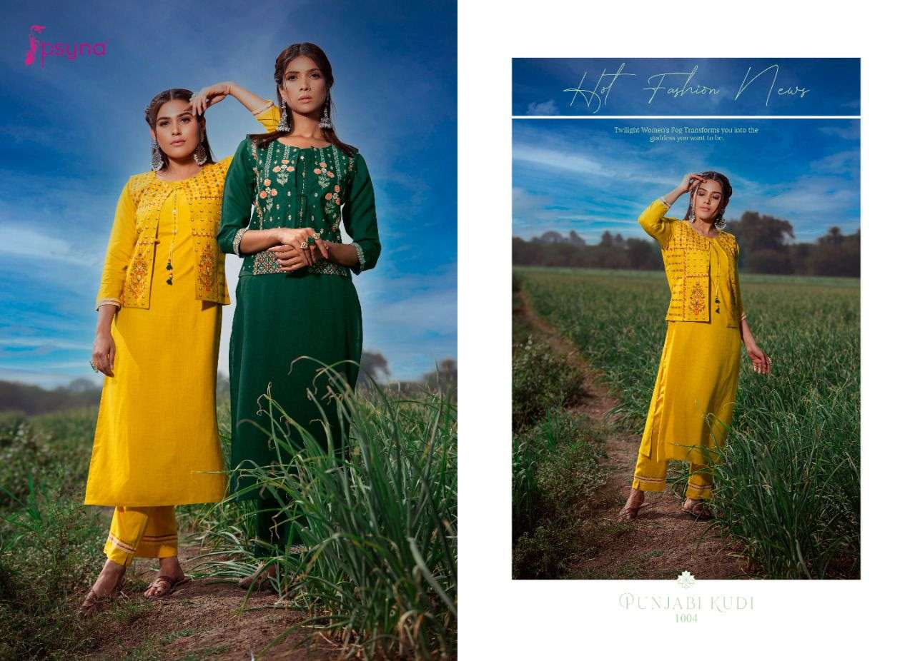 PUNJABI KUDI BY PSYNA 1001 TO 1006 SERIES DESIGNER STYLISH FANCY COLORFUL BEAUTIFUL PARTY WEAR & ETHNIC WEAR COLLECTION RAYON KURTIS WITH BOTTOM AT WHOLESALE PRICE