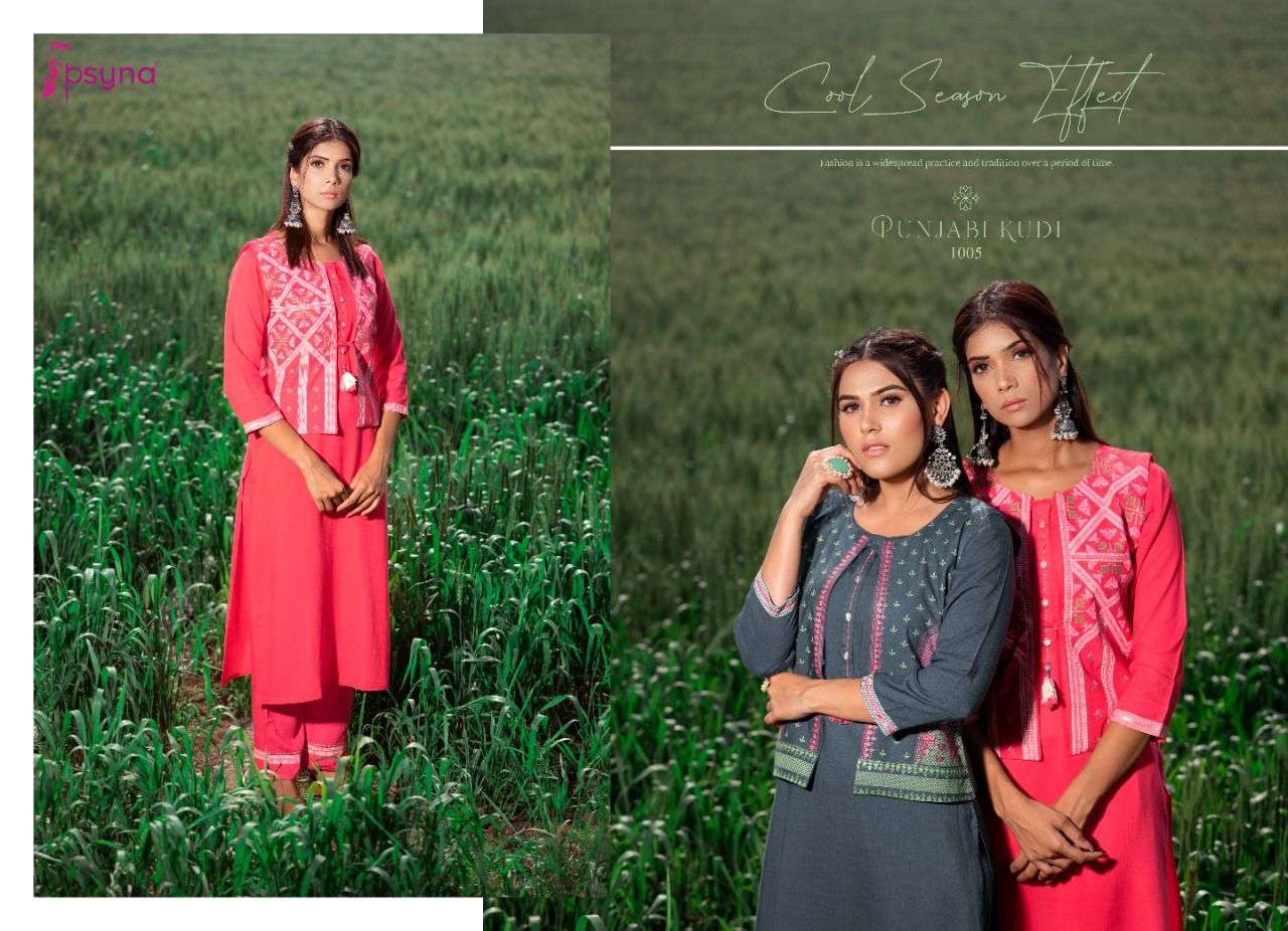 PUNJABI KUDI BY PSYNA 1001 TO 1006 SERIES DESIGNER STYLISH FANCY COLORFUL BEAUTIFUL PARTY WEAR & ETHNIC WEAR COLLECTION RAYON KURTIS WITH BOTTOM AT WHOLESALE PRICE