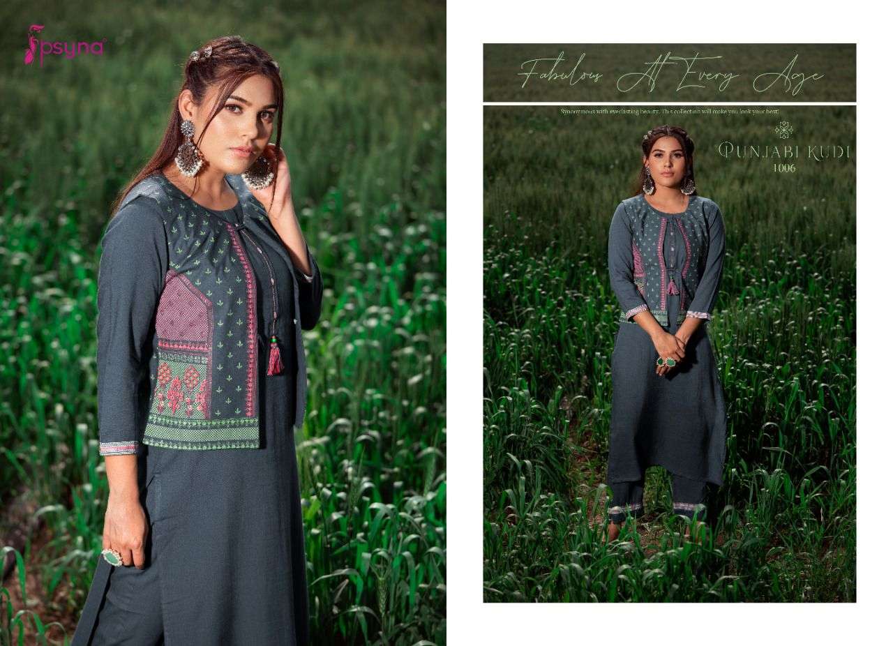 PUNJABI KUDI BY PSYNA 1001 TO 1006 SERIES DESIGNER STYLISH FANCY COLORFUL BEAUTIFUL PARTY WEAR & ETHNIC WEAR COLLECTION RAYON KURTIS WITH BOTTOM AT WHOLESALE PRICE