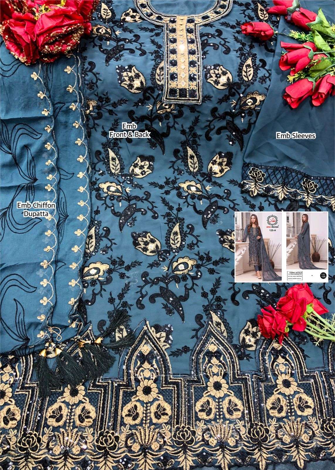 AFFAN CREATION HIT DESIGN 125-A BY AFFAN CREATION BEAUTIFUL STYLISH PAKISATNI SUITS FANCY COLORFUL CASUAL WEAR & ETHNIC WEAR & READY TO WEAR FAUX GEORGETTE WITH EMBROIDERY DRESSES AT WHOLESALE PRICE
