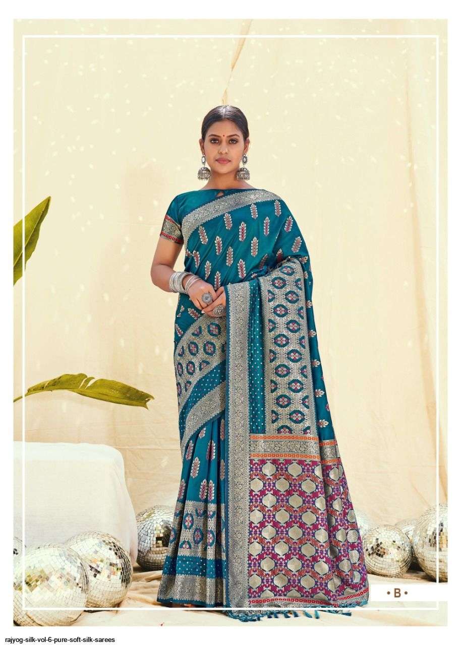 RAJYOG SILK VOL-6 BY SHANGRILA A TO F SERIES INDIAN TRADITIONAL WEAR COLLECTION BEAUTIFUL STYLISH FANCY COLORFUL PARTY WEAR & OCCASIONAL WEAR SOFT SILK SAREES AT WHOLESALE PRICE