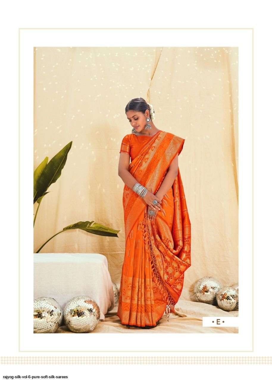 RAJYOG SILK VOL-6 BY SHANGRILA A TO F SERIES INDIAN TRADITIONAL WEAR COLLECTION BEAUTIFUL STYLISH FANCY COLORFUL PARTY WEAR & OCCASIONAL WEAR SOFT SILK SAREES AT WHOLESALE PRICE