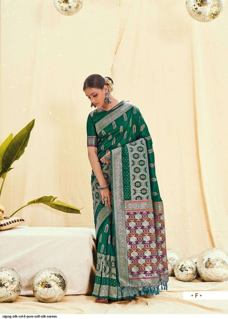 RAJYOG SILK VOL-6 BY SHANGRILA A TO F SERIES INDIAN TRADITIONAL WEAR COLLECTION BEAUTIFUL STYLISH FANCY COLORFUL PARTY WEAR & OCCASIONAL WEAR SOFT SILK SAREES AT WHOLESALE PRICE