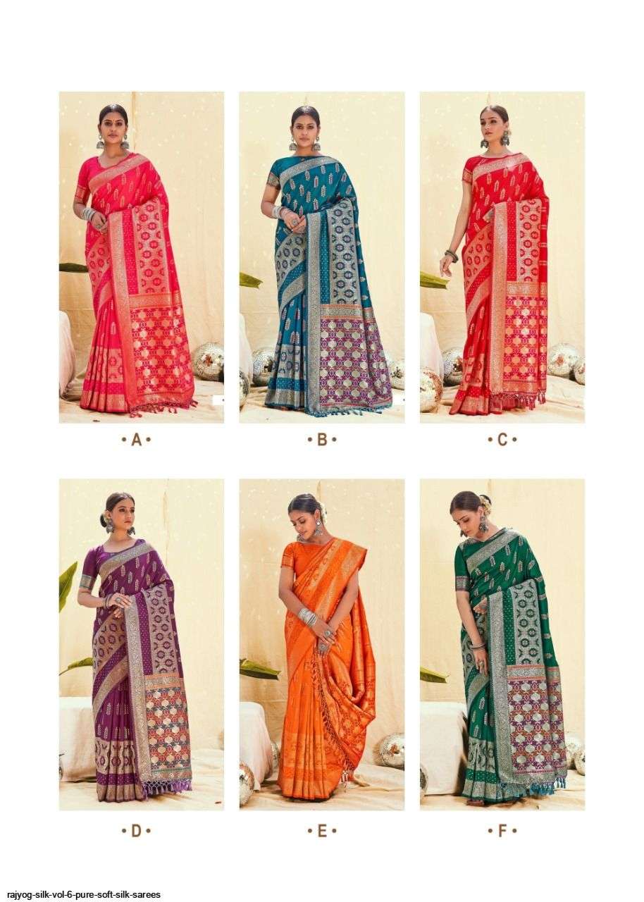 RAJYOG SILK VOL-6 BY SHANGRILA A TO F SERIES INDIAN TRADITIONAL WEAR COLLECTION BEAUTIFUL STYLISH FANCY COLORFUL PARTY WEAR & OCCASIONAL WEAR SOFT SILK SAREES AT WHOLESALE PRICE