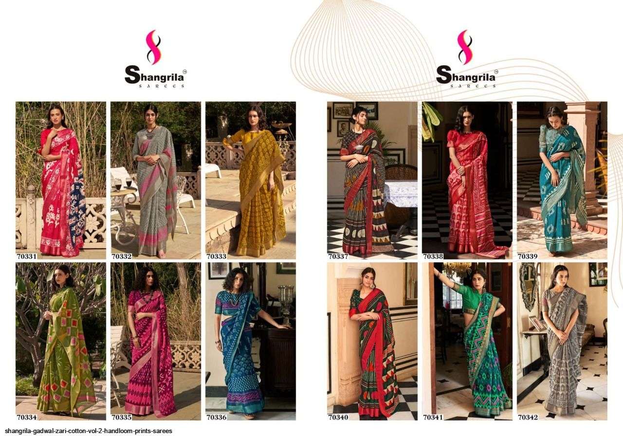 GADWAL ZARI COTTON VOL-2 BY SHANGRILA 70331 TO 70342 SERIES INDIAN TRADITIONAL WEAR COLLECTION BEAUTIFUL STYLISH FANCY COLORFUL PARTY WEAR & OCCASIONAL WEAR HANDLOOM SAREES AT WHOLESALE PRICE