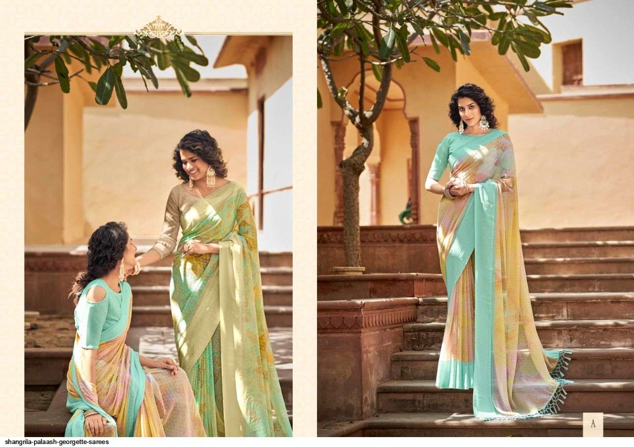 PALAASH BY SHANGRILA A TO L SERIES INDIAN TRADITIONAL WEAR COLLECTION BEAUTIFUL STYLISH FANCY COLORFUL PARTY WEAR & OCCASIONAL WEAR SOFT GEORGETTE SAREES AT WHOLESALE PRICE