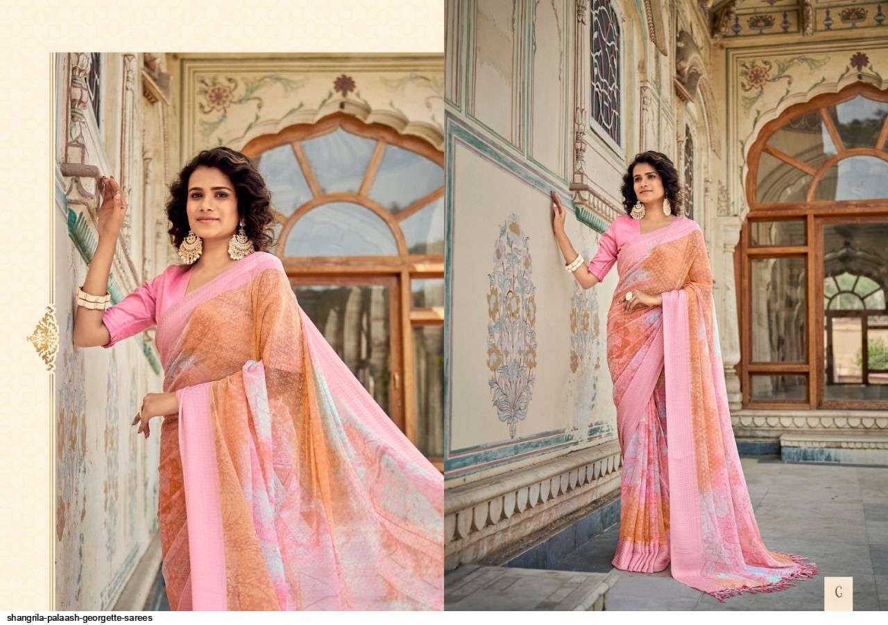 PALAASH BY SHANGRILA A TO L SERIES INDIAN TRADITIONAL WEAR COLLECTION BEAUTIFUL STYLISH FANCY COLORFUL PARTY WEAR & OCCASIONAL WEAR SOFT GEORGETTE SAREES AT WHOLESALE PRICE