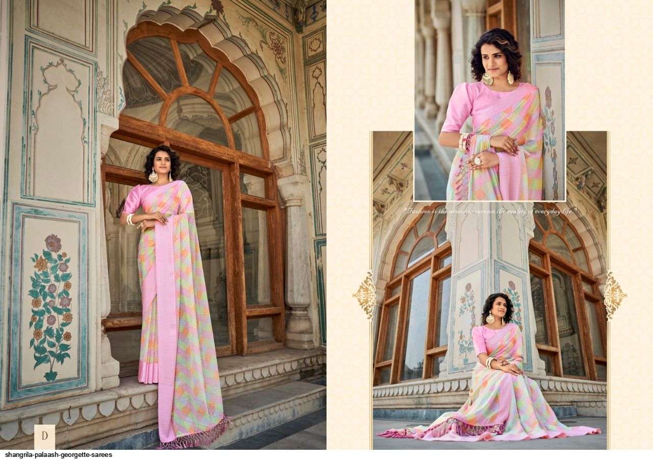 PALAASH BY SHANGRILA A TO L SERIES INDIAN TRADITIONAL WEAR COLLECTION BEAUTIFUL STYLISH FANCY COLORFUL PARTY WEAR & OCCASIONAL WEAR SOFT GEORGETTE SAREES AT WHOLESALE PRICE