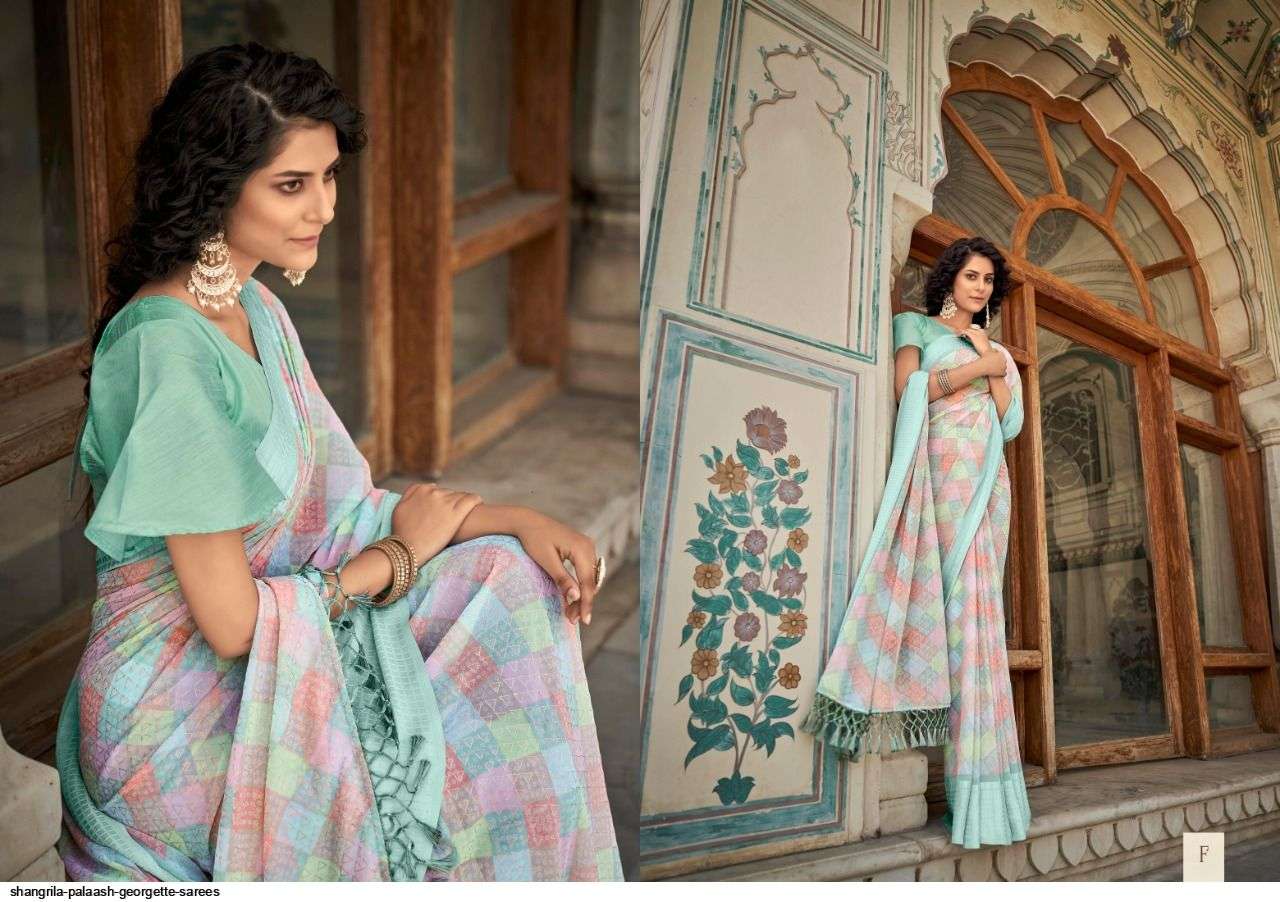 PALAASH BY SHANGRILA A TO L SERIES INDIAN TRADITIONAL WEAR COLLECTION BEAUTIFUL STYLISH FANCY COLORFUL PARTY WEAR & OCCASIONAL WEAR SOFT GEORGETTE SAREES AT WHOLESALE PRICE