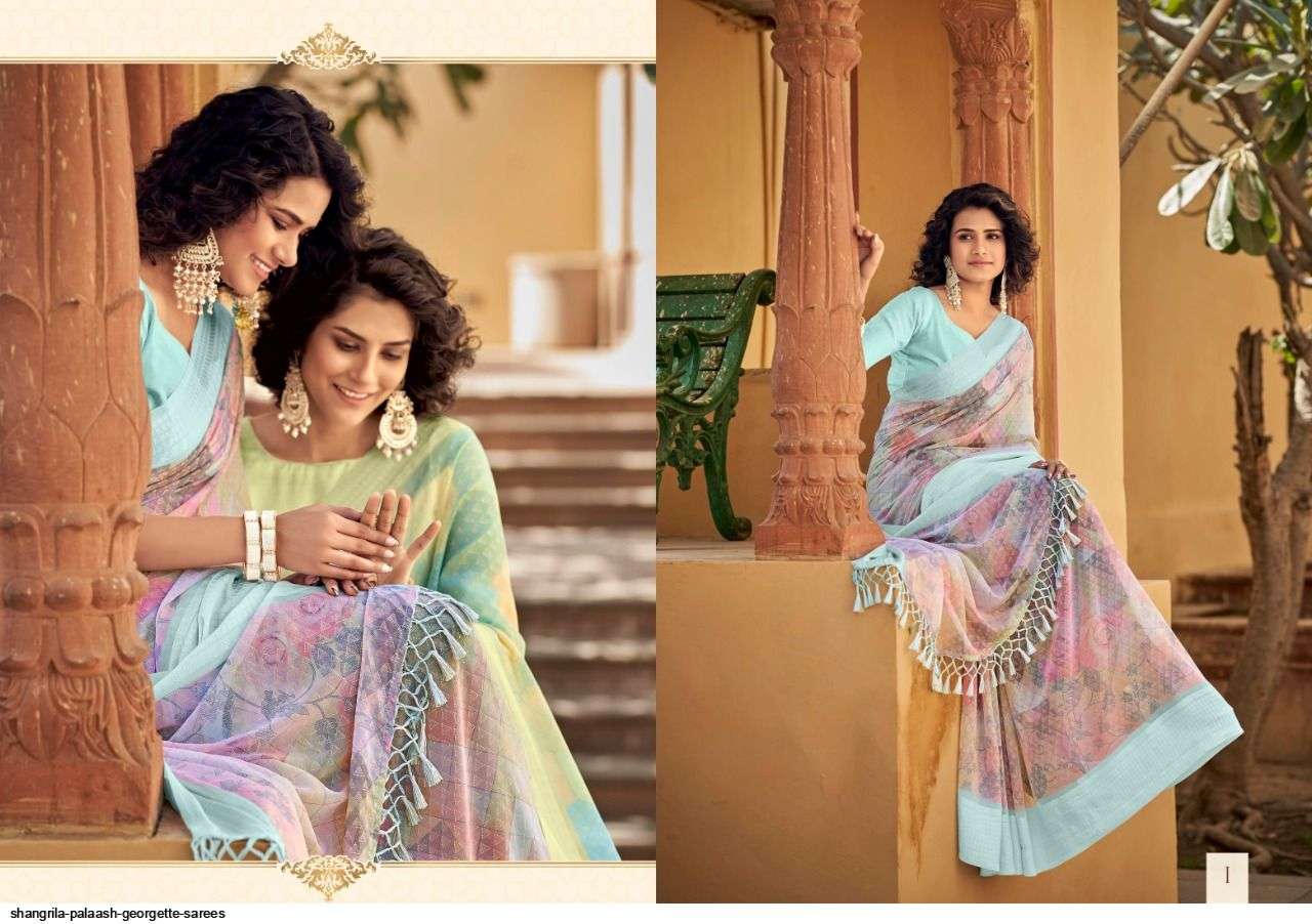 PALAASH BY SHANGRILA A TO L SERIES INDIAN TRADITIONAL WEAR COLLECTION BEAUTIFUL STYLISH FANCY COLORFUL PARTY WEAR & OCCASIONAL WEAR SOFT GEORGETTE SAREES AT WHOLESALE PRICE
