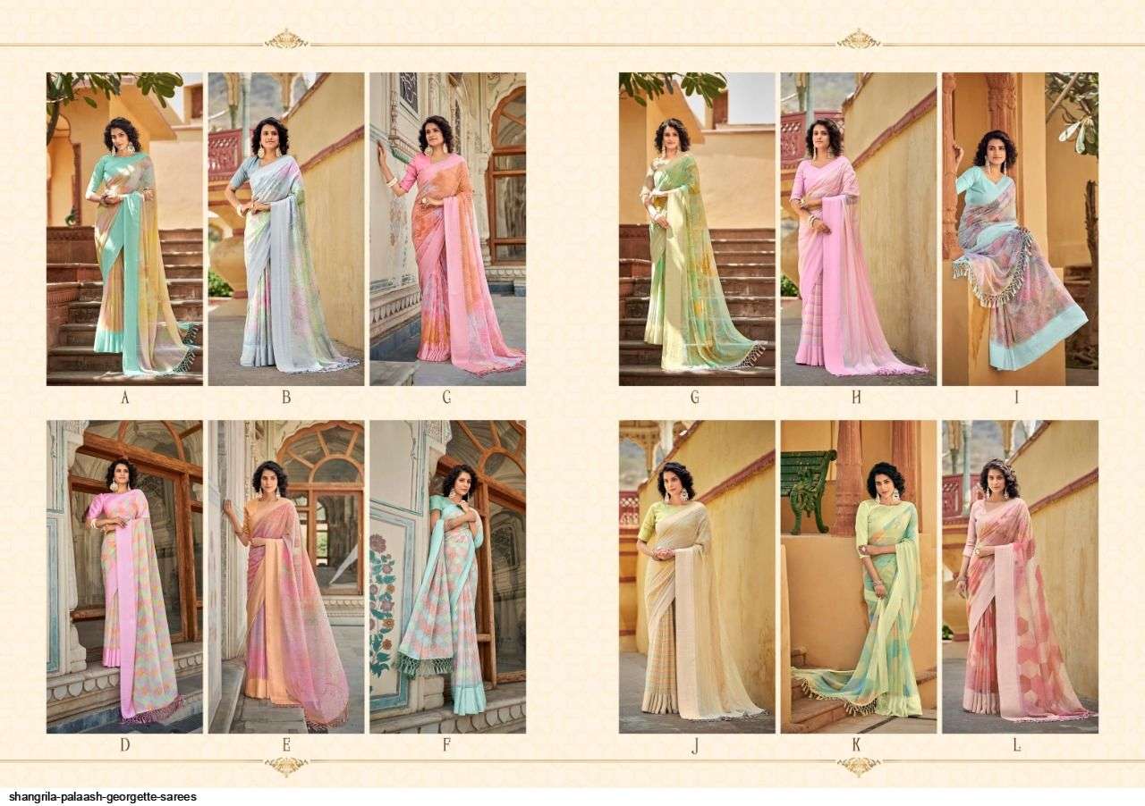PALAASH BY SHANGRILA A TO L SERIES INDIAN TRADITIONAL WEAR COLLECTION BEAUTIFUL STYLISH FANCY COLORFUL PARTY WEAR & OCCASIONAL WEAR SOFT GEORGETTE SAREES AT WHOLESALE PRICE
