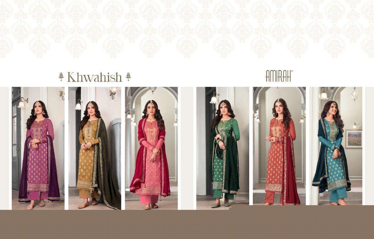 KHWAHISH BY AMIRAH 16001 TO 16006 SERIES BEAUTIFUL STYLISH SUITS FANCY COLORFUL CASUAL WEAR & ETHNIC WEAR & READY TO WEAR DOLA SILK JACQUARD DRESSES AT WHOLESALE PRICE