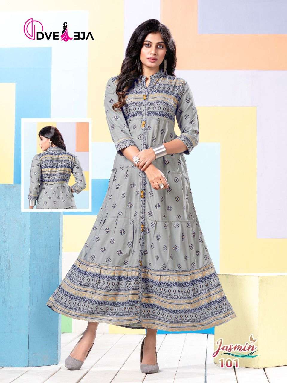 JASMIN BY DVEEJA 101 TO 108 SERIES DESIGNER STYLISH FANCY COLORFUL BEAUTIFUL PARTY WEAR & ETHNIC WEAR COLLECTION HEAVY RAYON KURTIS AT WHOLESALE PRICE