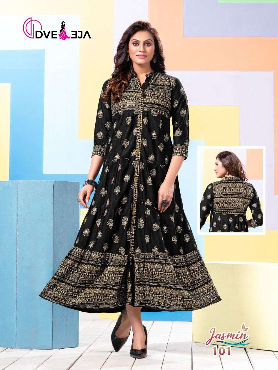 JASMIN BY DVEEJA 101 TO 108 SERIES DESIGNER STYLISH FANCY COLORFUL BEAUTIFUL PARTY WEAR & ETHNIC WEAR COLLECTION HEAVY RAYON KURTIS AT WHOLESALE PRICE