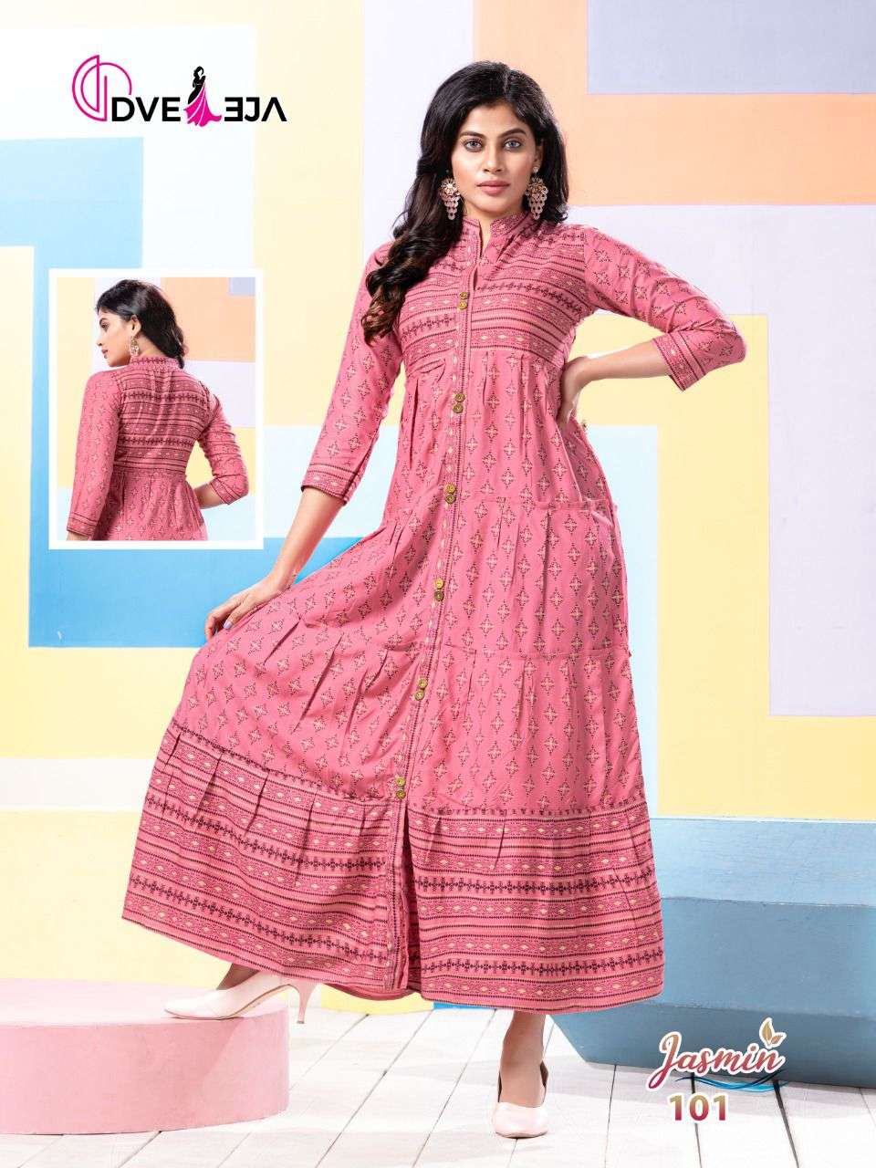 JASMIN BY DVEEJA 101 TO 108 SERIES DESIGNER STYLISH FANCY COLORFUL BEAUTIFUL PARTY WEAR & ETHNIC WEAR COLLECTION HEAVY RAYON KURTIS AT WHOLESALE PRICE