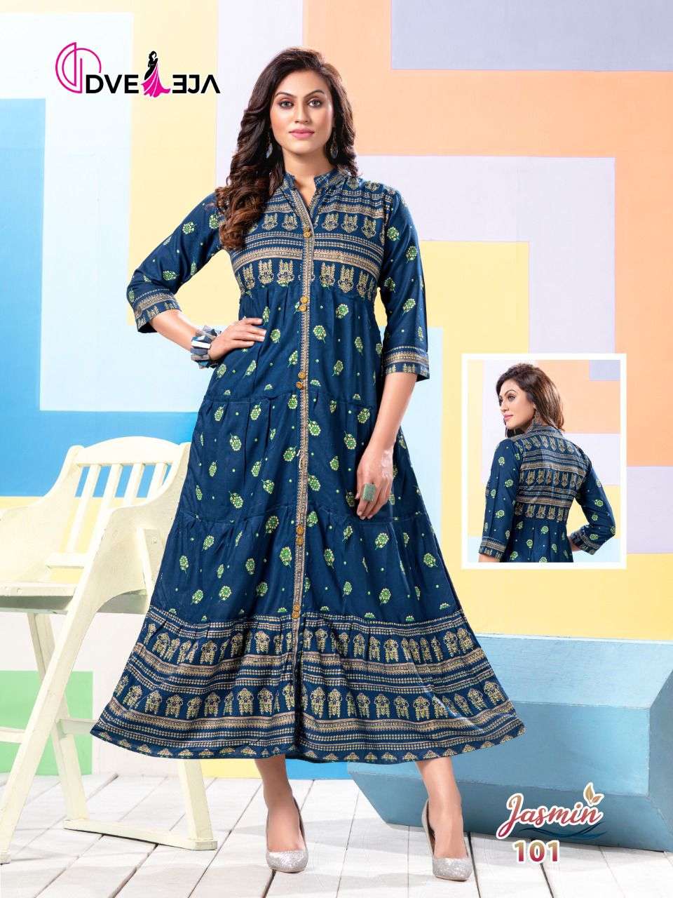 JASMIN BY DVEEJA 101 TO 108 SERIES DESIGNER STYLISH FANCY COLORFUL BEAUTIFUL PARTY WEAR & ETHNIC WEAR COLLECTION HEAVY RAYON KURTIS AT WHOLESALE PRICE