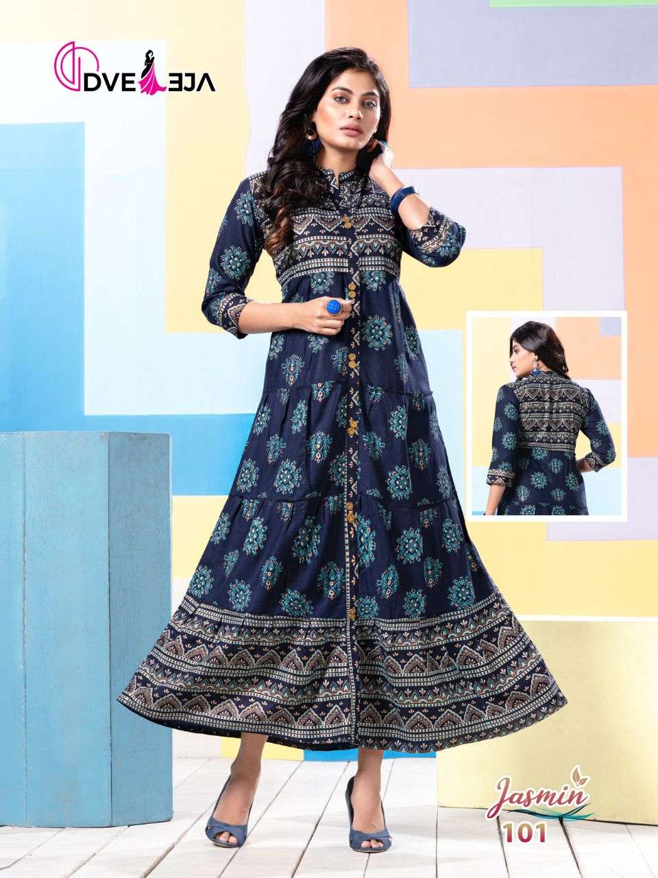 JASMIN BY DVEEJA 101 TO 108 SERIES DESIGNER STYLISH FANCY COLORFUL BEAUTIFUL PARTY WEAR & ETHNIC WEAR COLLECTION HEAVY RAYON KURTIS AT WHOLESALE PRICE