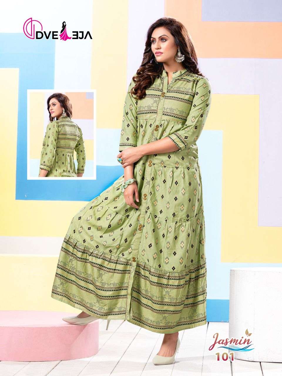 JASMIN BY DVEEJA 101 TO 108 SERIES DESIGNER STYLISH FANCY COLORFUL BEAUTIFUL PARTY WEAR & ETHNIC WEAR COLLECTION HEAVY RAYON KURTIS AT WHOLESALE PRICE