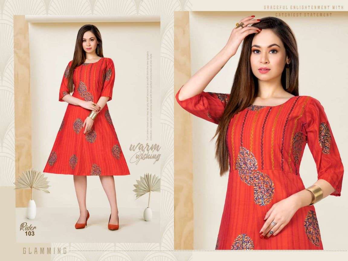 RIDER BY BEAUTY QUEEN 101 TO 106 SERIES DESIGNER STYLISH FANCY COLORFUL BEAUTIFUL PARTY WEAR & ETHNIC WEAR COLLECTION HEAVY CHANDERI PRINT KURTIS AT WHOLESALE PRICE