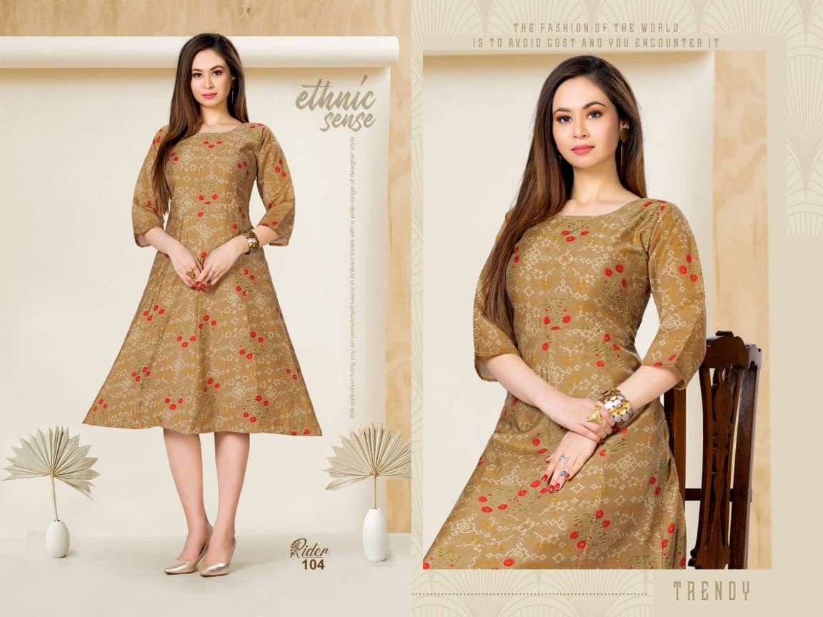 RIDER BY BEAUTY QUEEN 101 TO 106 SERIES DESIGNER STYLISH FANCY COLORFUL BEAUTIFUL PARTY WEAR & ETHNIC WEAR COLLECTION HEAVY CHANDERI PRINT KURTIS AT WHOLESALE PRICE