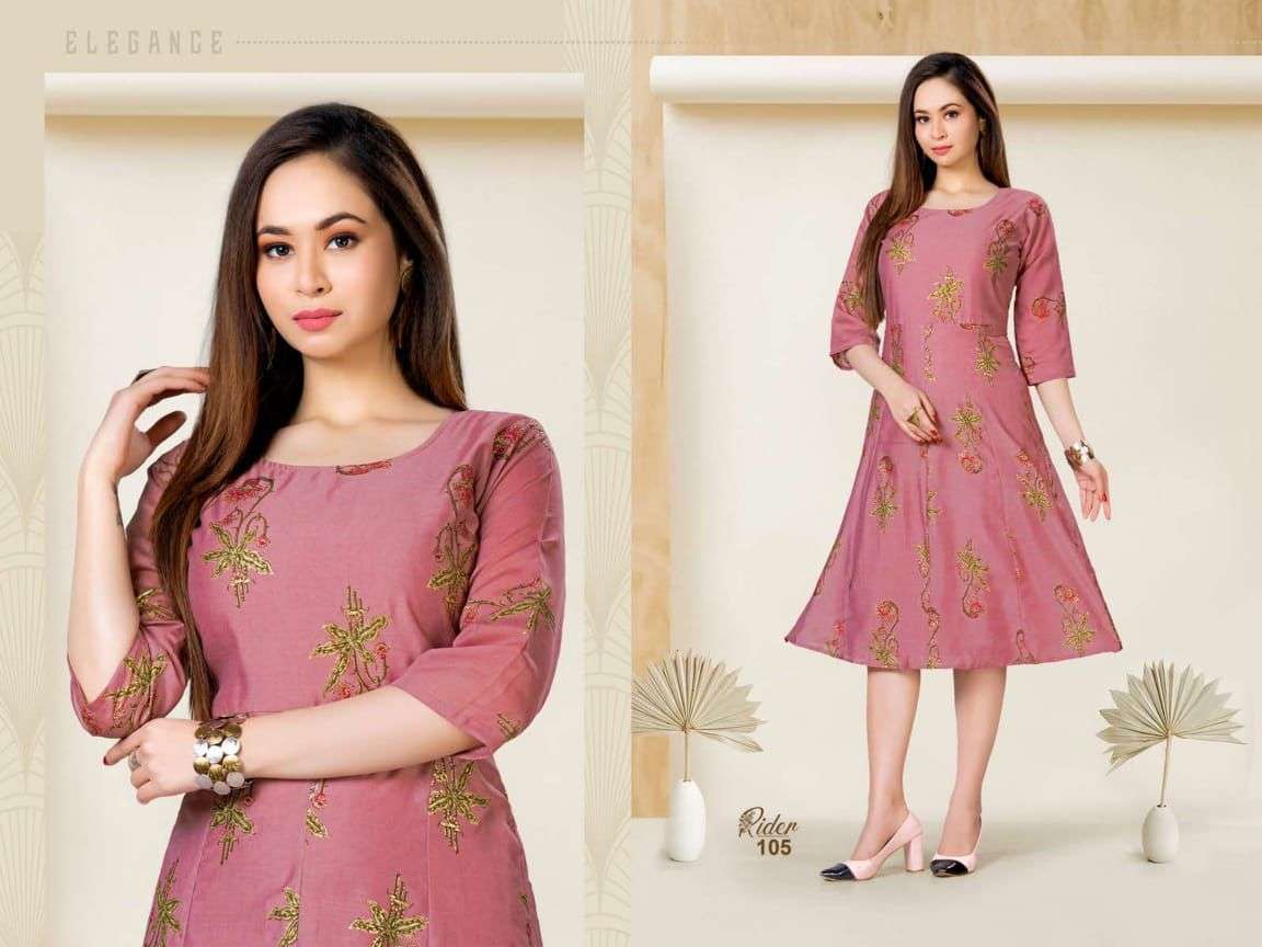 RIDER BY BEAUTY QUEEN 101 TO 106 SERIES DESIGNER STYLISH FANCY COLORFUL BEAUTIFUL PARTY WEAR & ETHNIC WEAR COLLECTION HEAVY CHANDERI PRINT KURTIS AT WHOLESALE PRICE