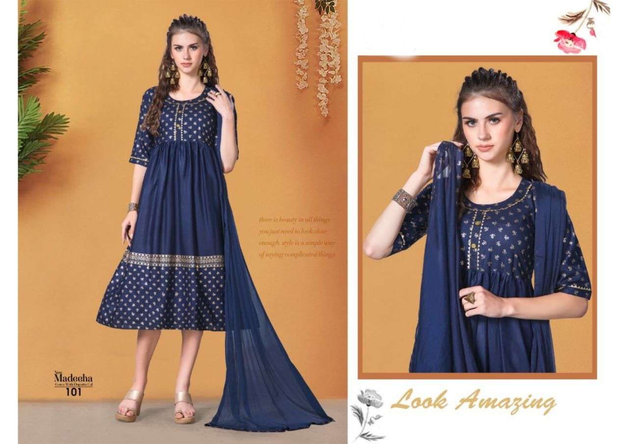 MADEEHA BY BEAUTY QUEEN 101 TO 108 SERIES BEAUTIFUL STYLISH FANCY COLORFUL CASUAL WEAR & ETHNIC WEAR RAYON FOIL PRINT WITH DUPATTA AT WHOLESALE PRICE