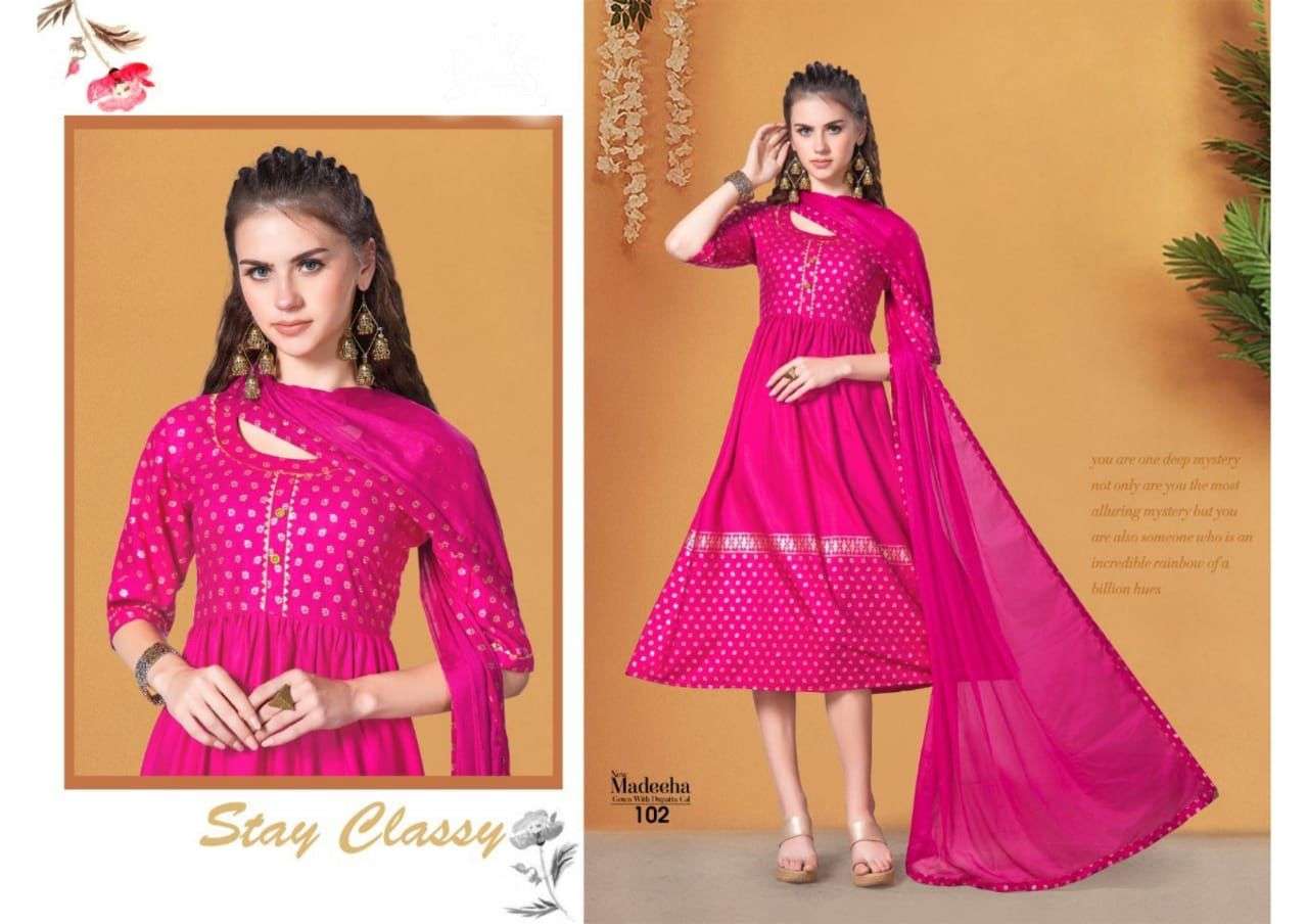 MADEEHA BY BEAUTY QUEEN 101 TO 108 SERIES BEAUTIFUL STYLISH FANCY COLORFUL CASUAL WEAR & ETHNIC WEAR RAYON FOIL PRINT WITH DUPATTA AT WHOLESALE PRICE
