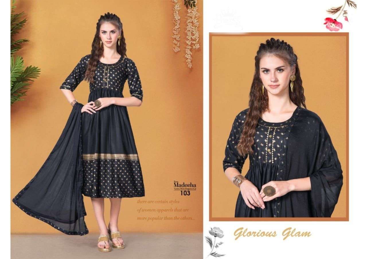 MADEEHA BY BEAUTY QUEEN 101 TO 108 SERIES BEAUTIFUL STYLISH FANCY COLORFUL CASUAL WEAR & ETHNIC WEAR RAYON FOIL PRINT WITH DUPATTA AT WHOLESALE PRICE